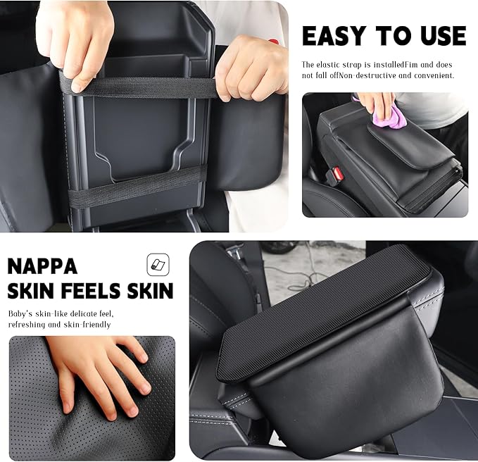 Car Armrest Cover Pad - Nappa Leather Car Center Console Cover with Breathable Holes, Non-Slip Auto Arm Rest Cushion, Universal Car Interior Accessories Fit forTesla Model Y Most Cars, SUVs (Black)