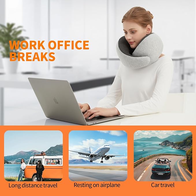 Ziixmile Travel Neck Pillow for Airplane – Memory Foam 360° Support Compact Design Ergonomic Flight Pillow for Sleeping & Neck Support Portable Travel Pillows for Adults, Car, Office Home (Grey)