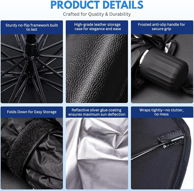 Andalus Brands Windshield Sun Shade for Cars, SUVs & Trucks – Foldable Umbrella Sun Visor for Car, Heat & UV Protector with Storage Pouch (Large (61x35 inch))