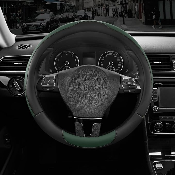 Road Comforts Steering Wheel Cover, Breathable Anti-Slip Leather Steering Wheel Cover, Universal Fit 14.5–15 Inch, Comfortable Grip - Green Color