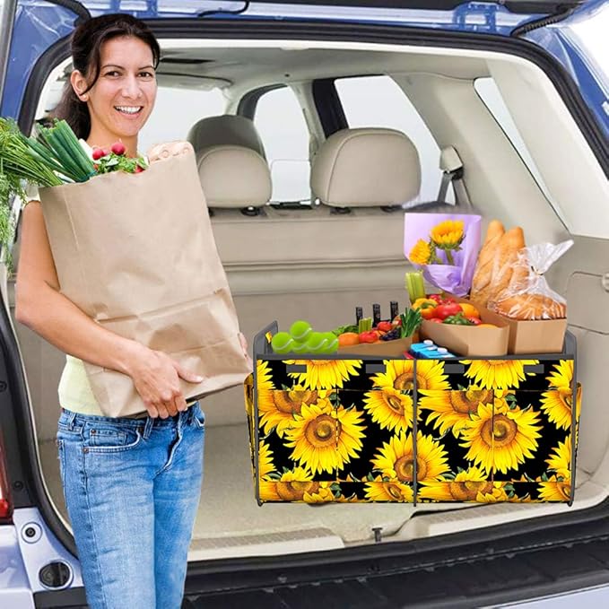 Homeve Trunk Organizer, Car Storage, Reinforced Handles, Collapsible Multi-Compartment Car Organizers, Foldable, Waterproof, 600D Oxford Polyester (Sunflower, 2 Compart)