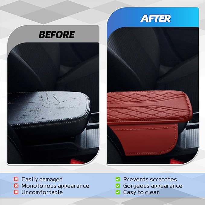 Car Center Console Cover, 11.8"×6.7" Leather Armrest Cover for Cars, Multifunctional Auto Armrest Cushion Pad with Storage Pocket, Universal Arm Rest Protector Car Accessories (Wine Red)