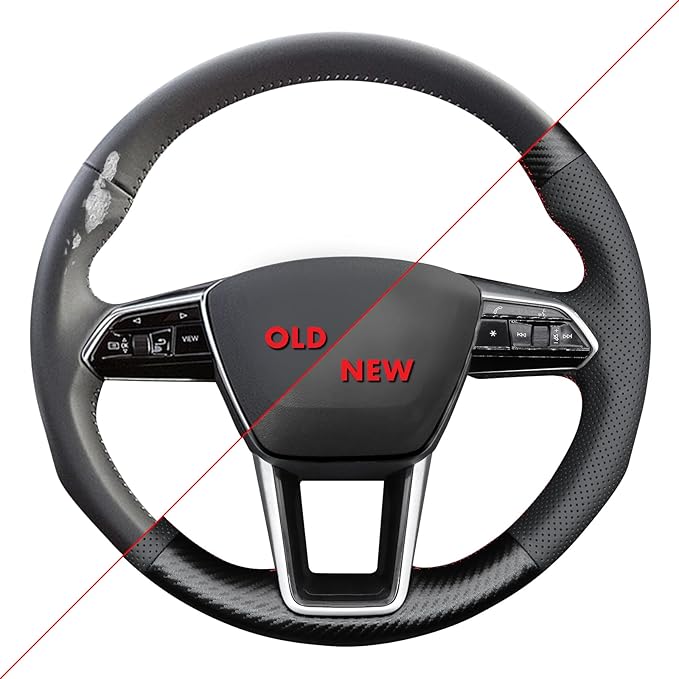 MEWANT Hand Stitch Steering Wheel Cover for Audi A6 2019-2022 A6 Allroad 2020-2022 A7 2019-2022 RS 6 Avant 2021-2022 RS 7 2021-2022 S6 2020-2022 Real Leather PU Carbon Fiber DIY Interior Accessories