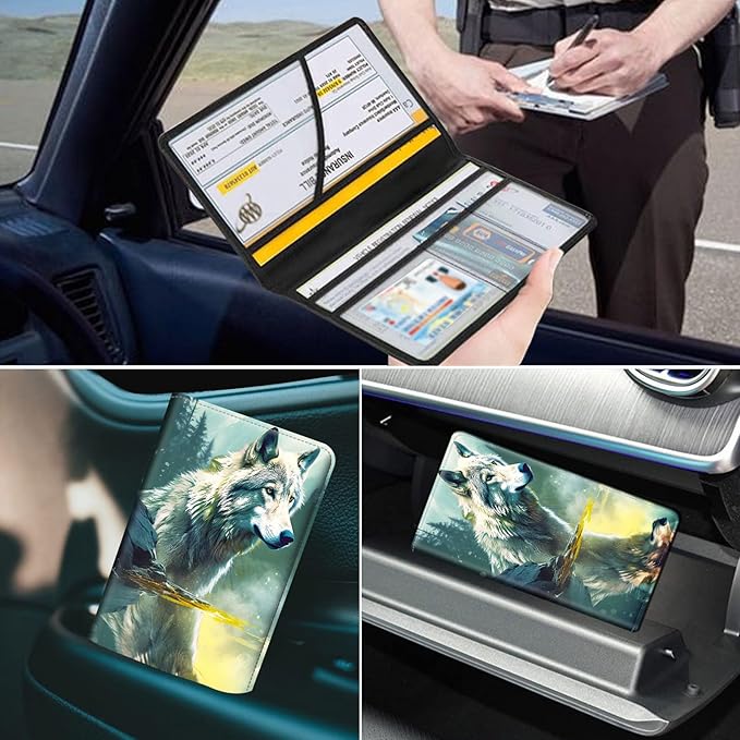 Mxfdegf Car Registration & Insurance Holder, Leather Glove Box Organizer, Cool Accessories for ID, Driver's License Cards & Essential Documents, Business Cards, Men & Women, Forest Wolfs