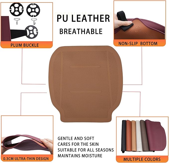ontto 1 PC Car Seat Cushion for Most Vehicles Universal Auto Seat Pad Protector Perforated PU Leather Bottom Pad Breathable and Thin Seat Mat Also Works with Truck and Office Chair,Light Brown
