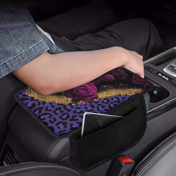 CLOHOMIN Purple Rose Car Arm Rest Covers Leopard Print Auto Armrest Pad with 2 Pockets Automoblie Interior Accessories Car Center Console Armrest Cushion Cover Fit for Most Vehicles