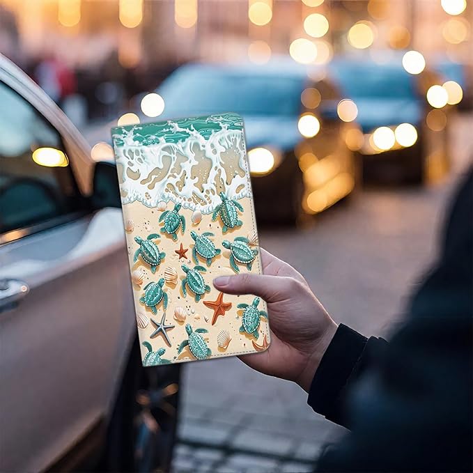 Car Registration and Insurance Card Holder for Women Men, Waterproof PU Leather Glove Box Car Organizer with Magnetic Shut, Vehicle Document Holder for Driver License,Cards, Turtles Crawl Into the Sea