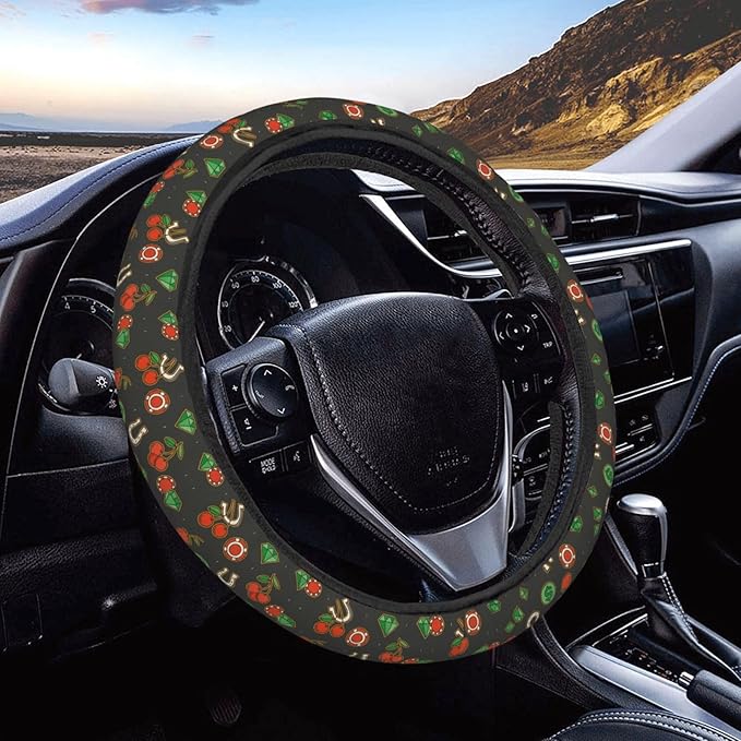 FeHuew Dice Diamond Cherry Steering Wheel Cover for Women, Girls 15 inch Universal Auto Car Anti Slip Wrap Steering Wheel Covers Fit for Vehicles, Truck, SUV