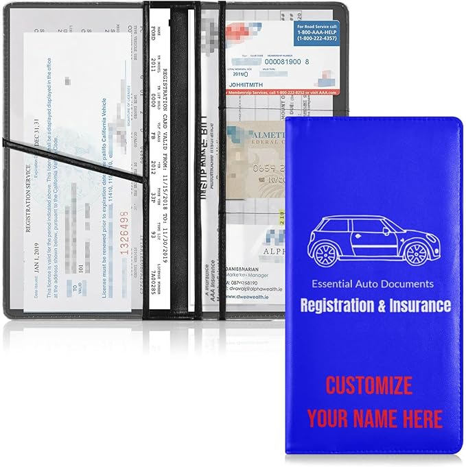 Custom Car Registration and Insurance Card Holder Personalized Leather Glove Box Organize Men Women Wallet Accessories Case for Cards, Essential Document Driver License Blue