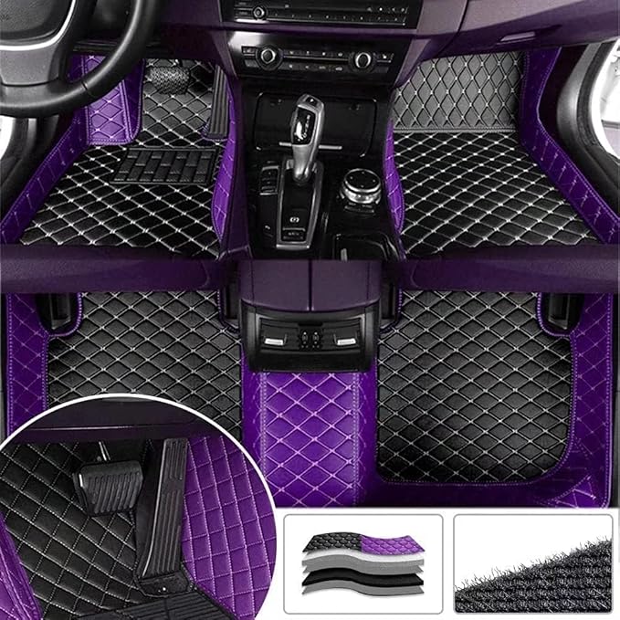 Custom Making Car Floor Mats Protection Pads for 99% Sedan/Coupe/Hatchback/SUV/Pickup Men Women Car Floor Mats Coverage Pads Anti-Slip Leather Floor Lining (Purple+Black Beige)