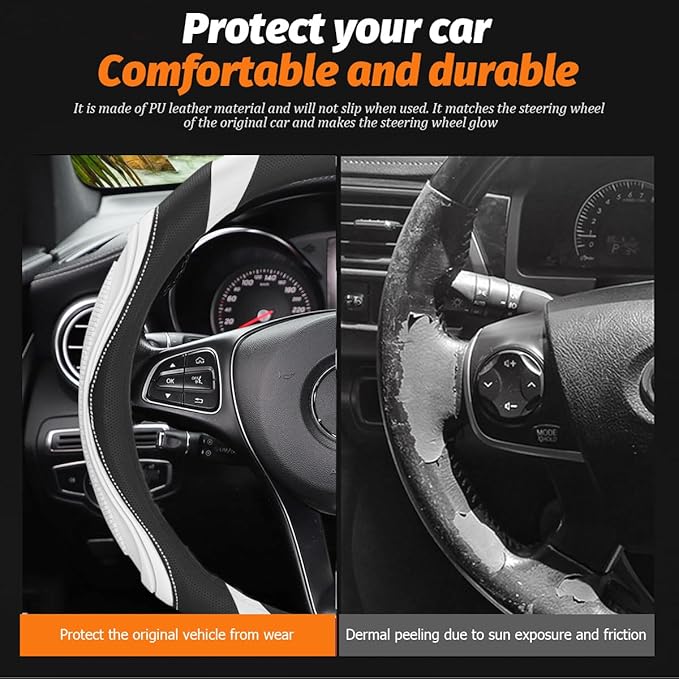 15 Inch Car Leather Steering Wheel Cover, Automotive Accessories Elastic Breathable Anti-Slip Soft Wheel Protector Fits Men and Women, Suitable for SUVs, Trucks, Vehicles and RVs (White)