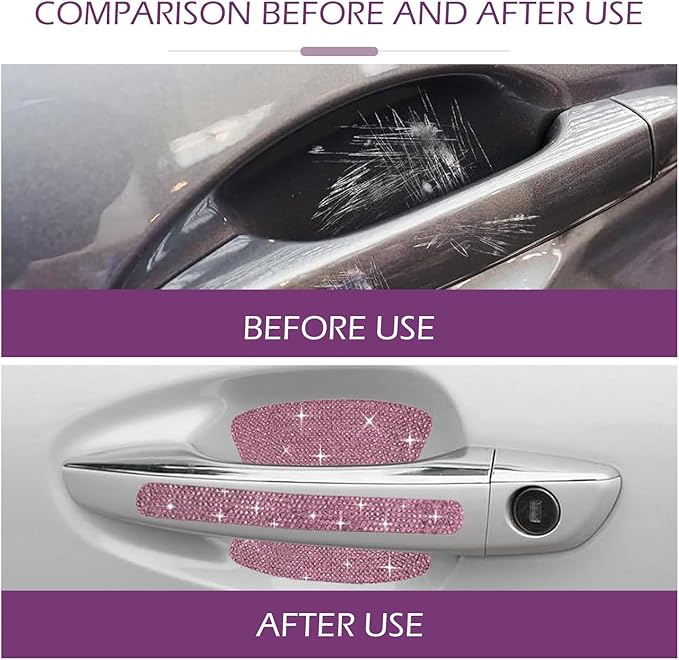 8PCS Bling Car Door Handle Protectors, Shiny Auto Doors Bowl Protective Sticker, Crystal Rhinestone Door Handle Scratch Decals, Auto Vehicle Protector Decor Covers (Pink)