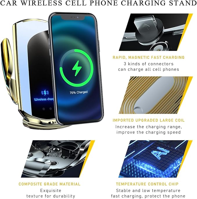 Wireless Car Charger Mount, 15W Automotive Electric Wireless Charger Holder, Car Air Vent Mount Bracket Fast Charging for Most Smartphone, Universal Car Accessories (Golden)