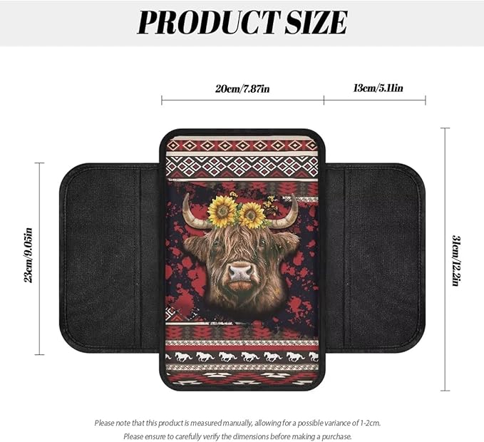 BIGCARJOB Tribal Cow Print Car Armrest Seat Box Cover with Side Storage,Southwest Tribal Print Car Interior Accessories Universal Center Console Armrest Pads for Cars SUV Truck
