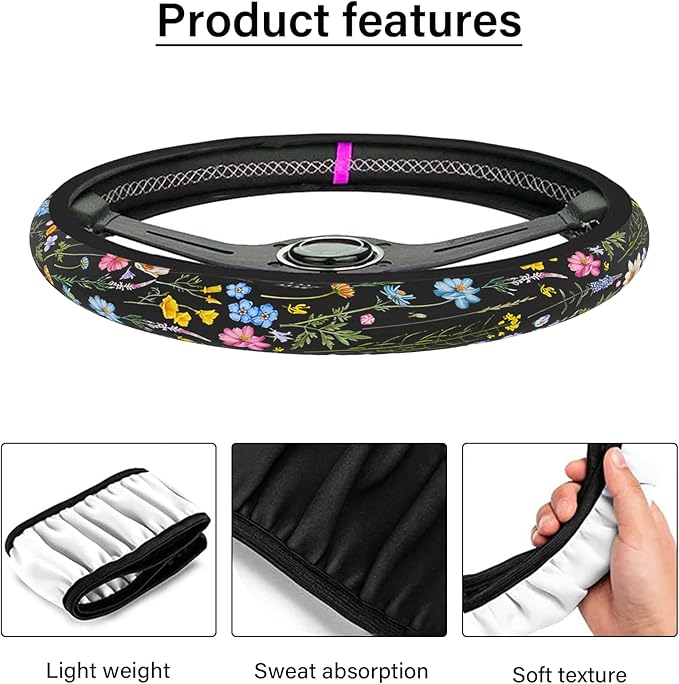 Car Steering Wheel Cover for Women Men, Non-Slip Breathable Steering Wheel, Wildflower Steering Wheel Protector, Car Accessories, Universal 14" 02/2-15" Fit Auto, Suvs