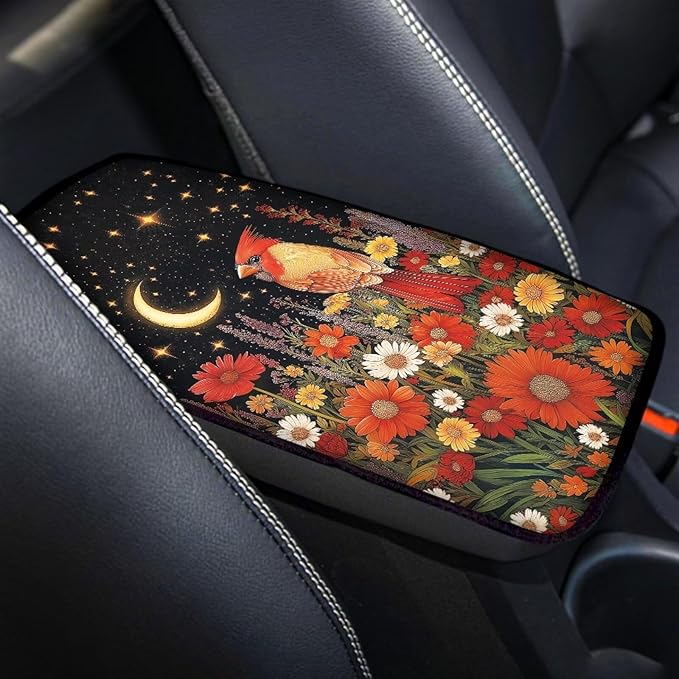 Cardinal Flower Print Armrest Cover Pad for Car Moon Star Print Car Armrest Box Protector Pad Universal Fits for Sedan Truck SUV, Easy to Install Auto Decor for Women Men