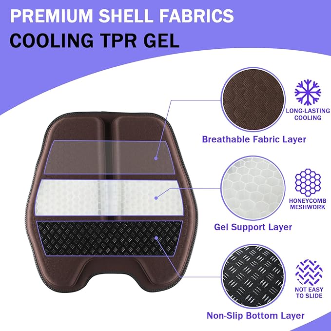 Soft Thin Gel Seat Cushion for Car Seat, Office Chair, Wheelchair, Stadium - Non-Slip Car Seat Cushions with 1 Inch Gel - Sciatica & Tailbone Pain Relief (Brown)