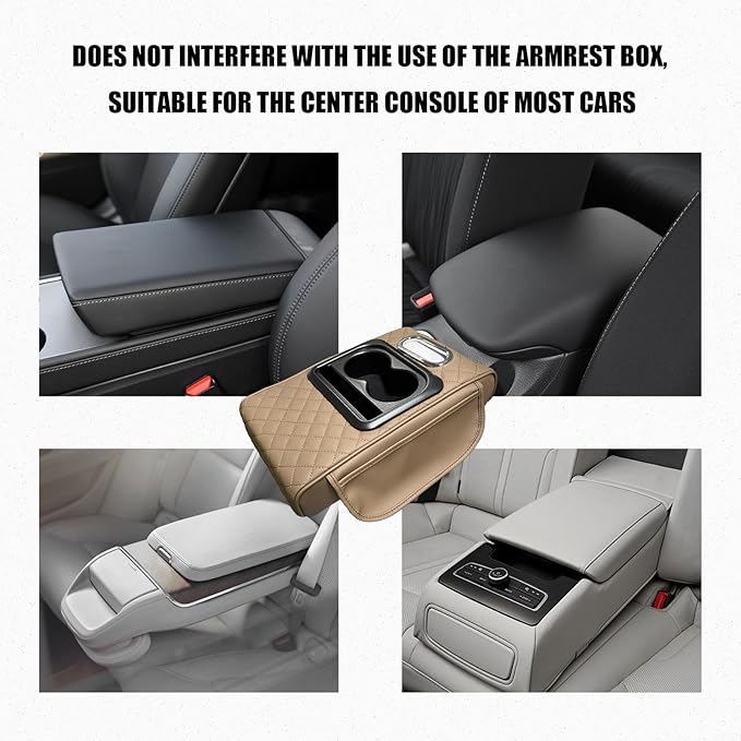 Car Center Console Armrest Pillow, Leather Arm Rest Cover Pad with 2 Storage Pockets Cup Holder & Phone Slot, Soft Middle Console Cushion Protector for Most Vehicles (Beige, Embroidered)