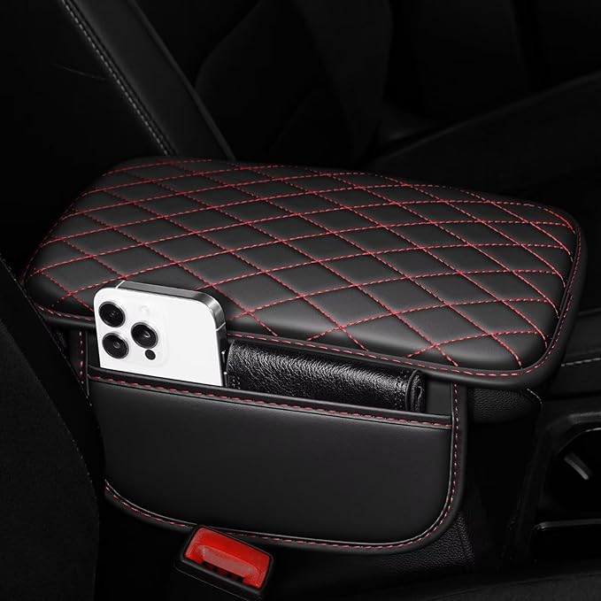 YORKNEIC Center Console Cover Fit for Ford Focus: Middle Console Cover with 2 Storage Pocket,Faux Leather Waterproof Anti-Scratch Car Armrest Cover Protector(Black&Redline)