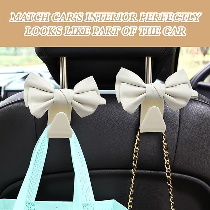 Car Purse Hook for Car 2 Pcs White Cute Bow Car Seat Headrest Hook ,Cute Bow Shaped Vehicle Backseat Storage Hooks, Car Seat Storage Organizer Bag Hooks for Wallets,Coats,Umbrellas,Car Accessories