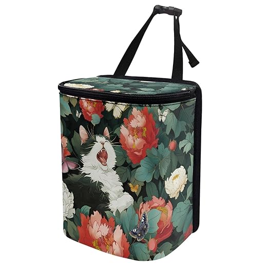 Floral Cat Butterfly Car Trash Can, Peony Flower Pattern Car Garbage Bin for Vehicle Interior Organization