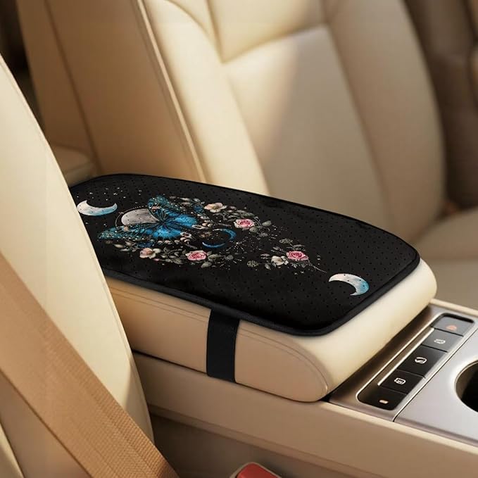 Qeluxign PU Leather Car Seat Cover Butterfly Moon Floral Set of 5 Auto Accessories 2 Front Bucket Seat Covers, 2 Seatbelt Pads & 1 Armrest Cover, Easy to Install