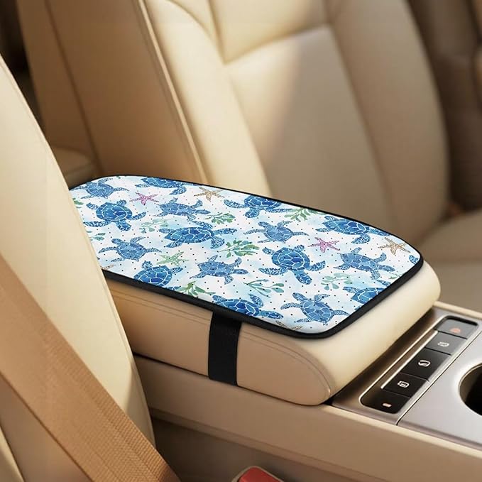 FUSURIRE Sea Turtle Pattern Car Interior Accessory Set of 5,PU Front Seat Covers, Seat Belt Covers & Center Armrest Pad,Universal for Car, SUVs,Van,Small Trucks