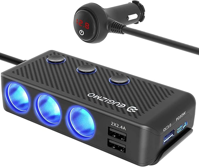 Cigarette Lighter Plug Splitter, 3 Socket 200W Car Cigarette Lighter Adapter USB Charger Extension Cord Multi Port Power Plug 12V/24V Splitter with LED Voltage Display Independent Switches
