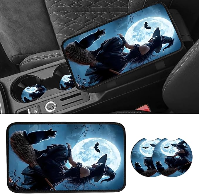 JANENFNA Car Armrest Cover Pads Universal Fashion Cute Auto Center Console Armrest Cover Pad with 2PCS Car Coasters Soft Waterproof Car Armrest Seat Protector for Women,Beautiful Witch