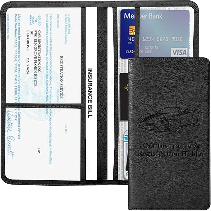 Vehicle Glove Box Car Organizer, Car Registration and Insurance Holder, Insurance Card Holder for Cars, Leather Card Holder Interior Auto Accessories for Women (Black/Large)