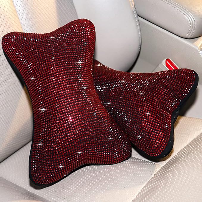2 Pack Women Neck Pillow for Car Seat Driving Girl Burgundy Red, Auto Seat Headrest Cushion Driver Head Relax Neck Support Crystal Rhinestone Diamond Bling Christmas Car Accessories