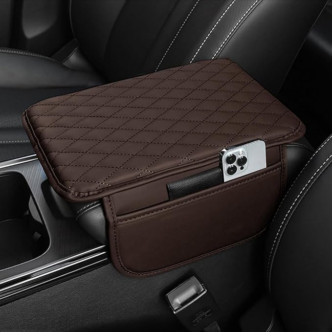 Car Center Console Cover Leather Armrest Cover Cushion with 2 Storage Bags Universal Car Armrest Seat Box Pad Car Interior Accessories Protector for Most Vehicle