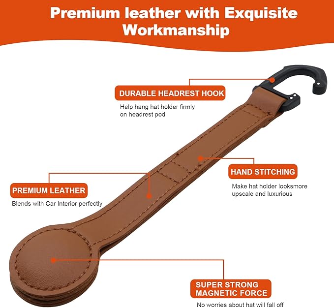 2 Pack Cowboy Hat Holder for Truck, Leather Magnetic Cap Clip, Truck Car Seat Hat Organizer Accessories for Men and Women, Suitable for Car, SUV, Pickup Seat Back Headrest Hat Clip Storage (Brown)