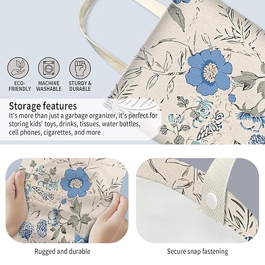 AUEKLLW Car Trash Can, Hanging Garbage Bin for Men and Women, Cute Car Organizer and Storage Bag, Canvas Vehicle Trash Can Bag Easy-to-Install Boho Blue Floral