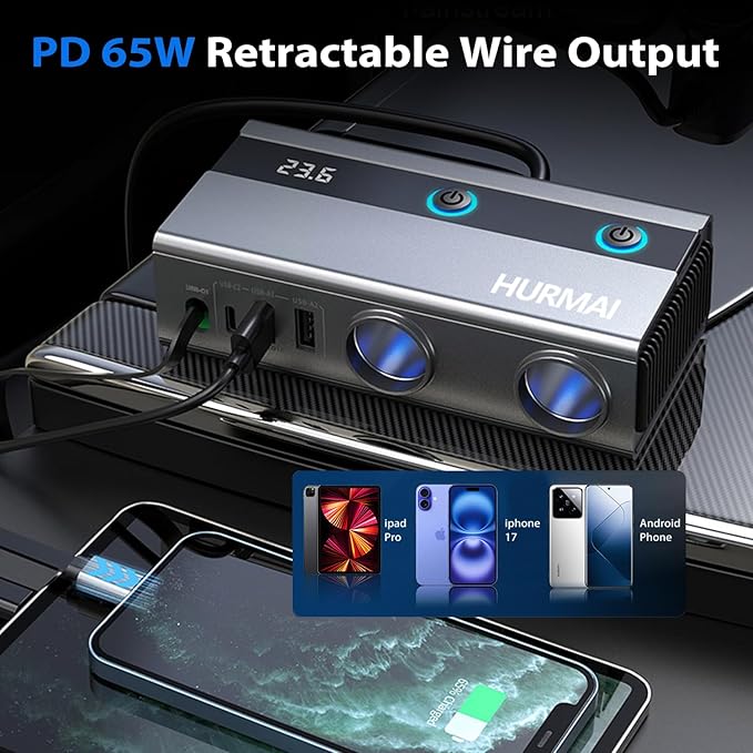 9 in 1 Cigarette Lighter Splitter Adapter with Retractable Phone Charger, 120W 3 Socket Heavy Duty Truck Car USB Chager Multi Port with PD/QC Charge USB C 12V/24V Independent Switches for Car Devices