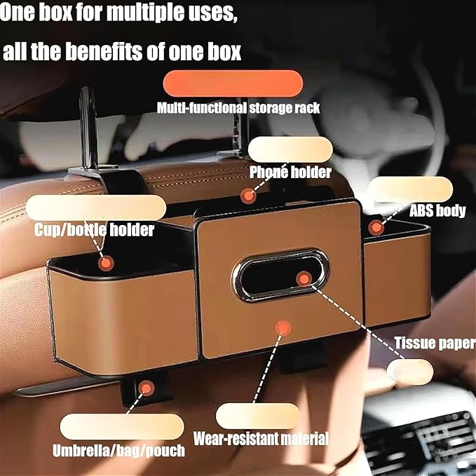Car Backseat Organizer with Cup Holder, Tissue Box, Trash Bin & Hooks, 3-in-1 Multifunctional Back Seat Car Organizer for Hold Phones, Snacks, Drinks, and Handbags, Gifts for Car Owners (Orange)