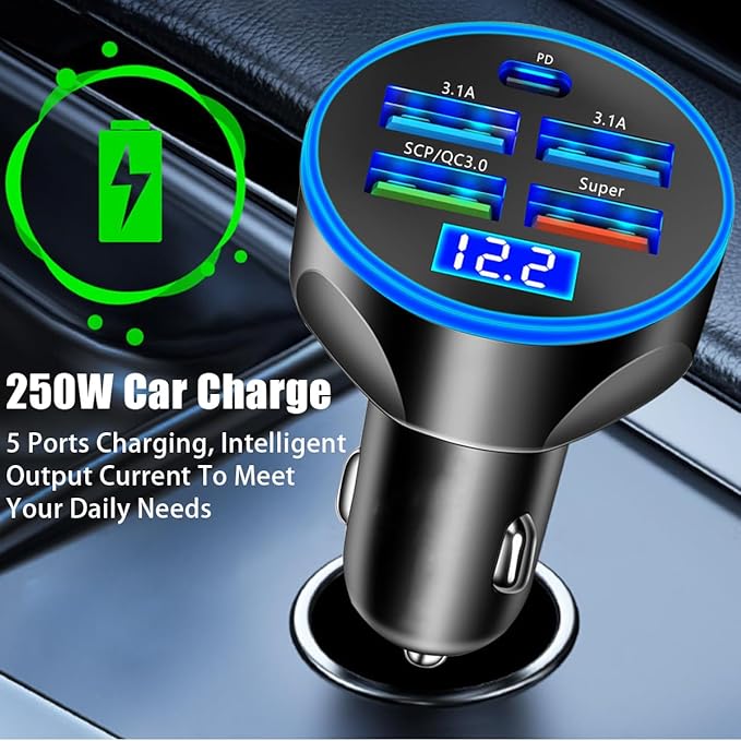5 Port USB Car Charger, 250W Super Fast Charging Cigarette Lighter Adapter with LED Voltage Monitor, 4USB+Type C Multi Port Car Accessories Interior Compatible with Most Smart Phone (Black)