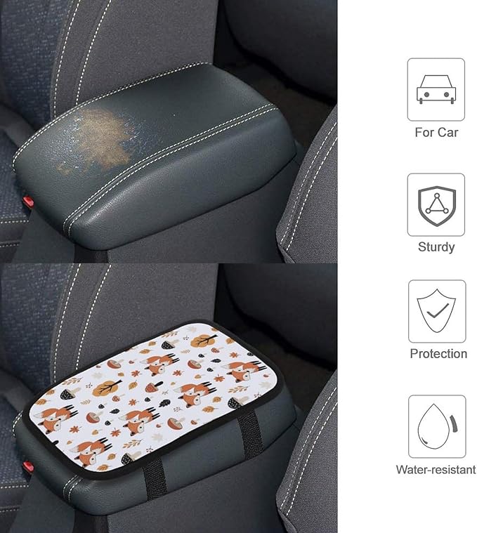 PPIKTC Car Center Console Armrest Cover Cute Fox Fall Mushrooms, Handrail Box Cushion Protector, Suitable for Most Vehicles