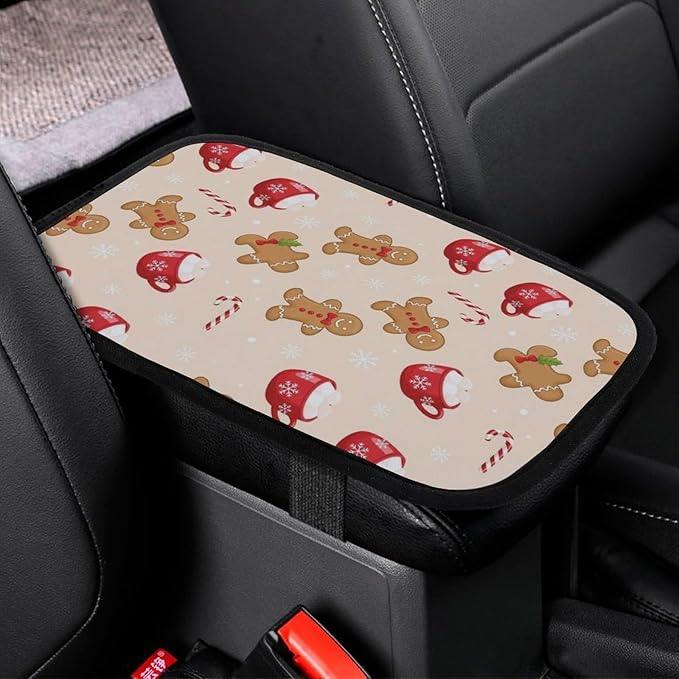 Car Center Console Cover Christmas Gingerbread Man Candy Cane, Armrest Cushion for Car, Universal Fit Seat Box Pad for Cars, Trucks, SUVs