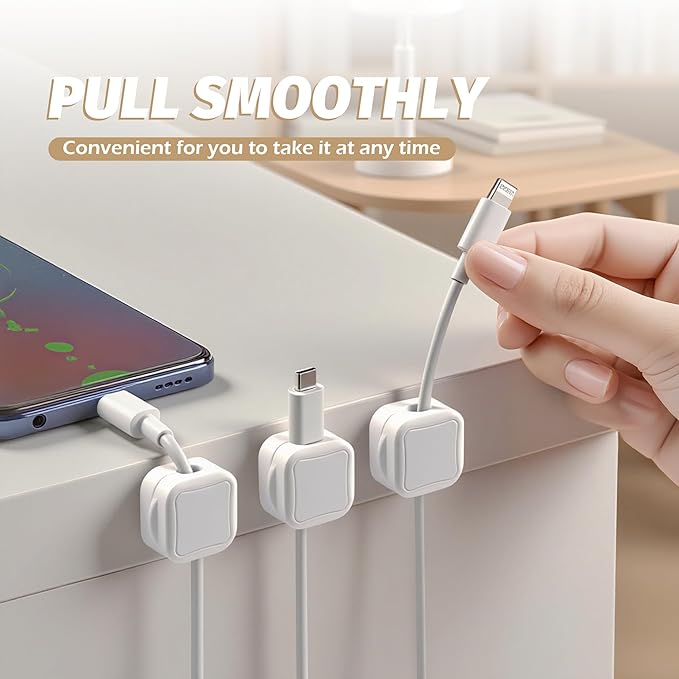 Quacc 6 PCS Magnetic Cable Clips Cord Organizer Holder Clips Desktop Cable Management for Home Desk Nightstand Car Wall - White