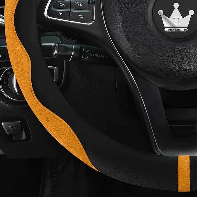 Luxury Suede Steering Wheel Cover for Cars, Soft Leather Padded Wheels Cover for F150, Trucks, Jeep, Van, Auto Thin Large Car Handle Cover, Universal Fit, Anti Slip, 15.2-16in, Orange