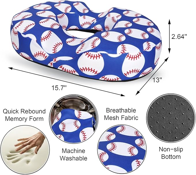 Donut Pillow for Hemorrhoids Seat Cushion for Tailbone Pain Relief - Blue Baseball Home Office Chair Cushion for Long Sitting Work - Memory Foam Car Seat Cushions for Driving Butt Pain Pressure