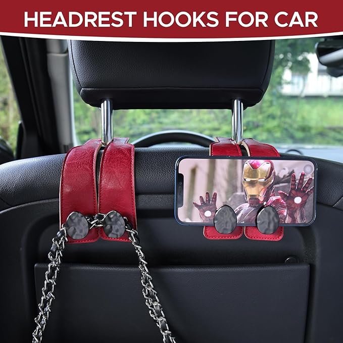URIZZD 2PCS Leather Car Seat Hooks for Headrest, Vehicle Hanger Storage Organizer Universal for Handbag Purse, Car Accessories Gift (Red-Black)
