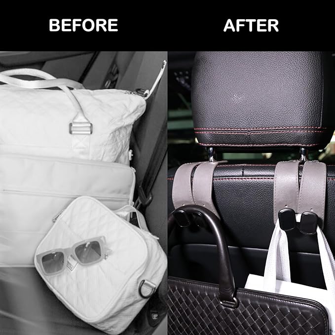 ENOCHT Double Car Seat Hooks for Headrest Purse Hook for Car TPE Back Seat Headrest Hooks for Mobile Phone Holder Handbags Bags Car Backseat Organizer Accessories(Gray- 2 Pack)