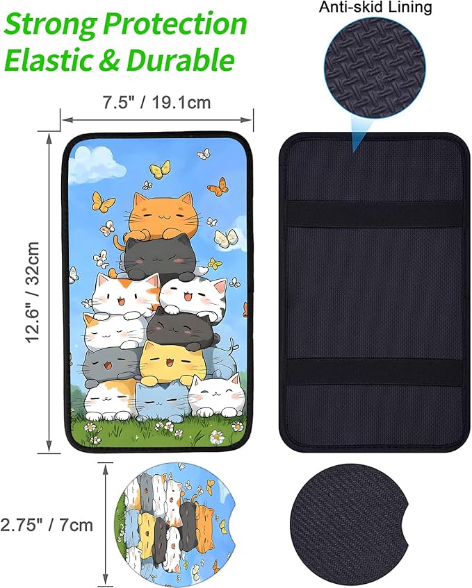 JANENFNA Car Armrest Cover Pads Universal Fashion Cute Auto Center Console Armrest Cover Pad with 2PCS Car Coasters Soft Waterproof Car Armrest Seat Protector for Women,Cute Cat Butterfly