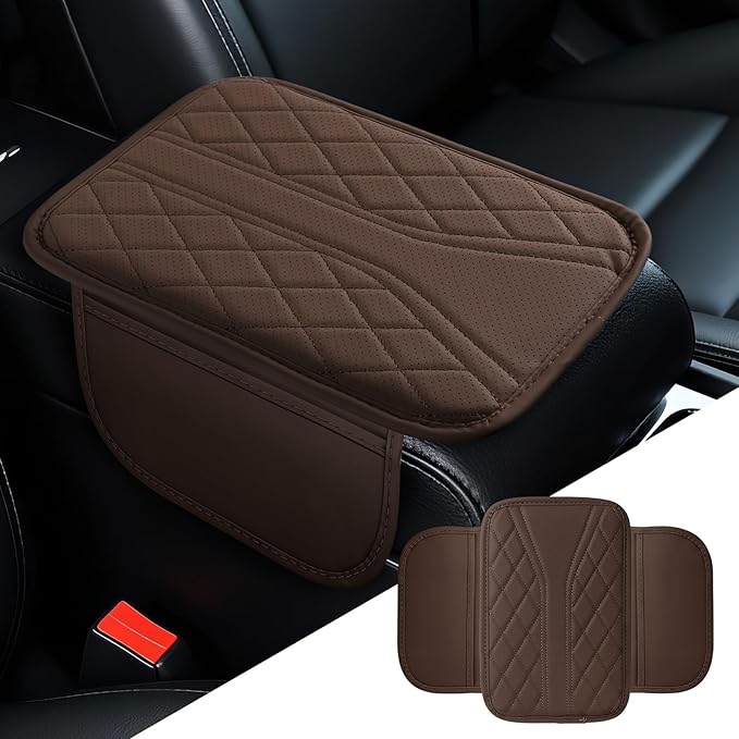 Car Center Console Cover, 11.8"×6.7" Leather Armrest Cover for Cars, Multifunctional Auto Armrest Cushion Pad with Storage Pocket, Universal Arm Rest Protector Car Accessories (Coffee)