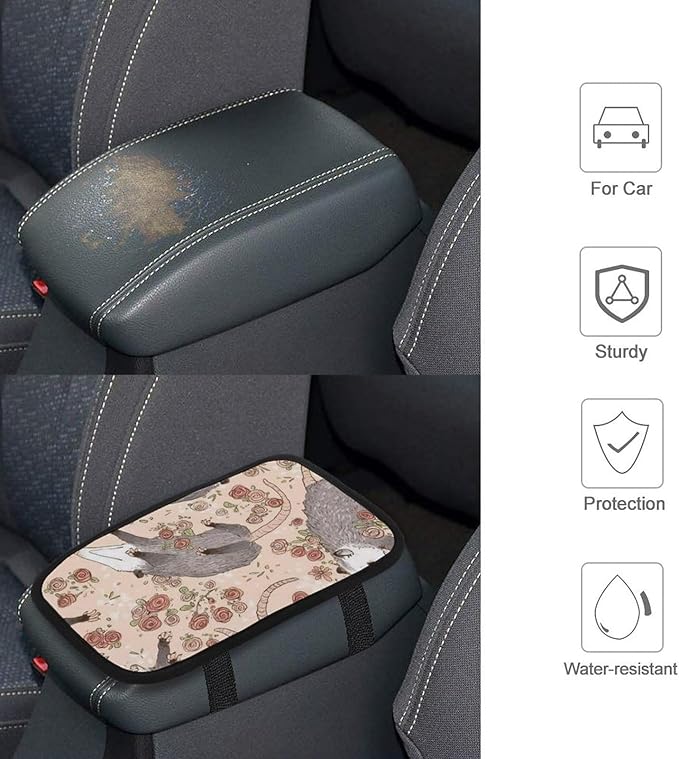 Befuddled Possums Flowers Car Center Console Cushion Pad,Waterproof Armrest Seat Box Cover Protector,Comfortable Car Decor Accessories Fit for Most Cars, Vehicles, SUVs