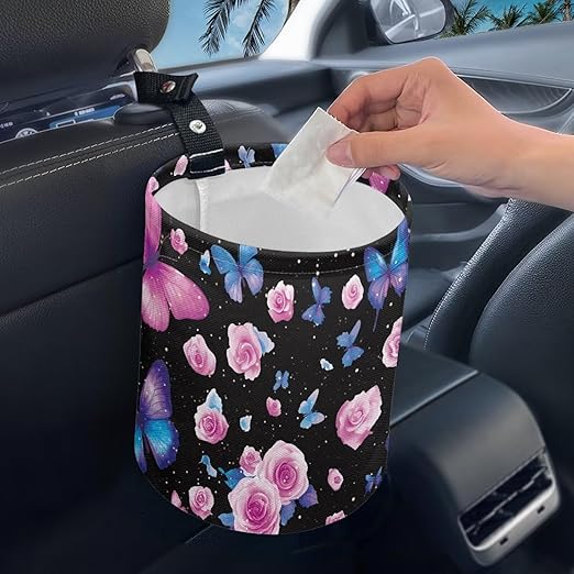 Brosoneto Butterfly Rose Car Trash Can, Waterproof Camping Trash Can, Car Interior Accessory for Back Seat, Front Console, Floor, or Hanging Headrest Waste Basket