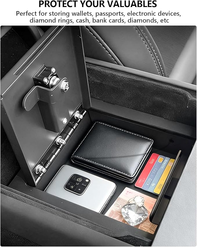 cybtkcar for Tesla Center Console Safe Organizer with 4-digit Lock Model Y Juniper Model 3 Highland Accessories 2025 2026 No Drill Glove Case with Combination Lock Armrest Anti-Theft Storage Tray Box