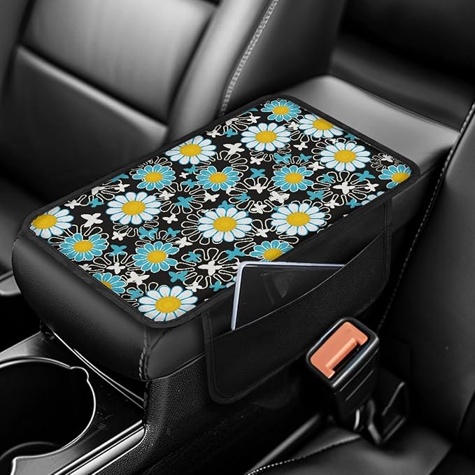 CLOHOMIN Blue Daisy Car Center Console Cover with Side Pockets Butterfly Car Arm Rest Cushion Pad Auto Interior Accessories Easy to Install Auto Armrest Cover Pad